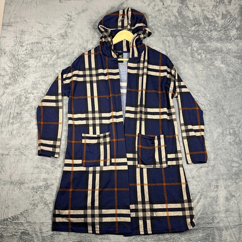 Lildy Printed Hooded Cardigan Sweater Womens Small Medium Multicolor Plaid Knit